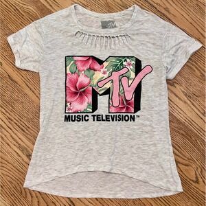 MTV Music Television Graphic Tee Gray Floral Logo Shredded Neck T-Shirt Women